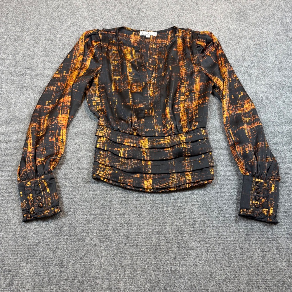 Sam Edelman Womens XS Black Orange Abstract Print V-Neck Pleated Blouse Cuffs